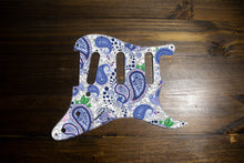 Load image into Gallery viewer, Vintage Paisley Blue on Silver Strat Pickguard by Carmedon
