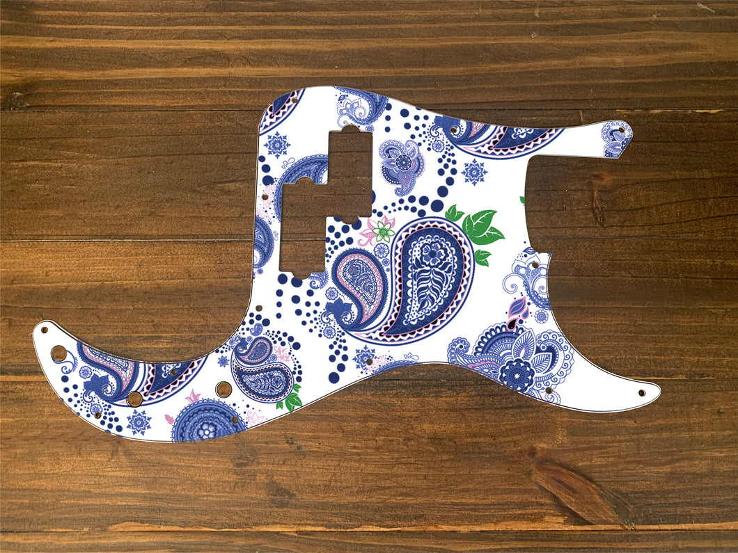 Blue and White-Vintage Paisley Precision Bass Pickguard by Carmedon