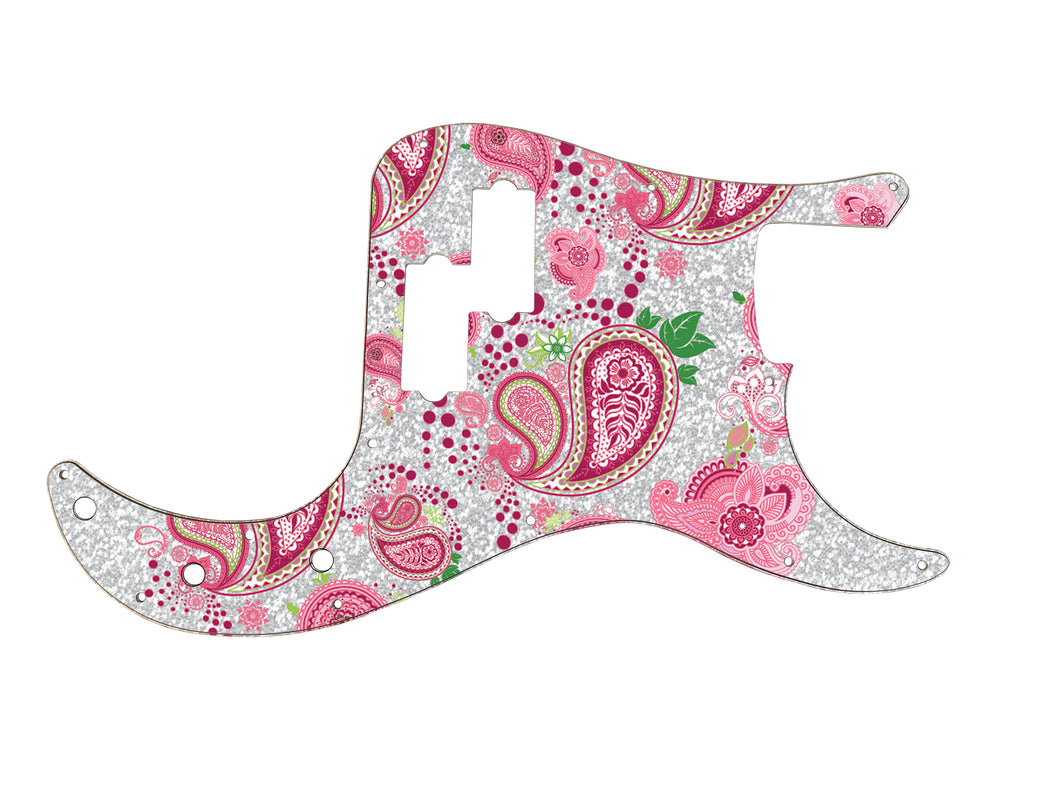 Pink and Silver-Vintage Paisley Precision Bass Pickguard by Carmedon